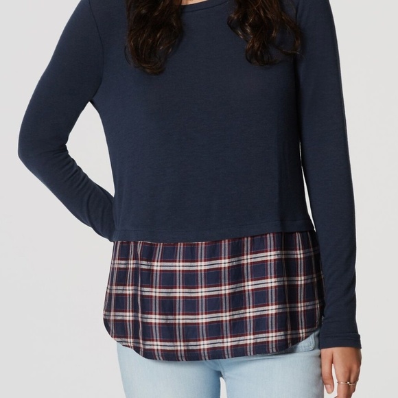 Plaid button back two in one sweater | navy, red - Picture 1 of 7